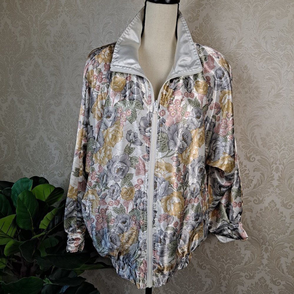 Rafael Size Medium Reversible Jacket Floral/Ivory Pockets Elastic Hem